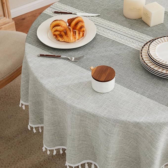 ZeeMart Contrast Linen Round Tablecloth 52 Inch Mid-Stripe Grey, Farmhouse Style Round Table Cloth Heavy Weight Grey Tablecloths, Water Resistant Burlap Table Cloths