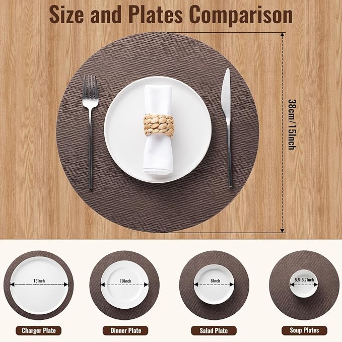 Jovono 15" Faux Leather Big Round Placemats Set of 8 - Washable Heat Resistant Non-Slip Dining Table Mats with Fabric Texture for Kitchen Home Party Decor, Coffee