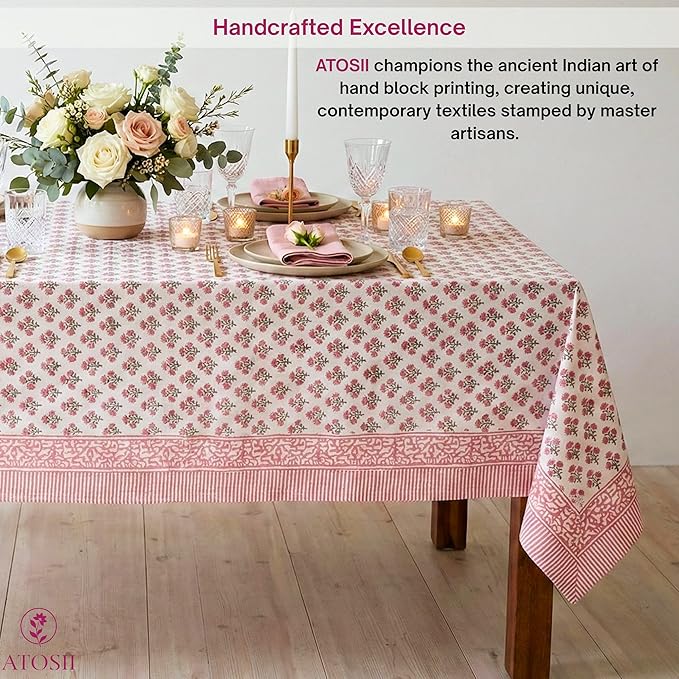 ATOSII Gulbahar White Pink 100% Cotton Spring Summer Square Tablecloth, Handblock Print Floral Table Cloth for Kitchen Dining Linen I Weddings, Outdoors, Easter 60 X 60 Inches I 4 Seater