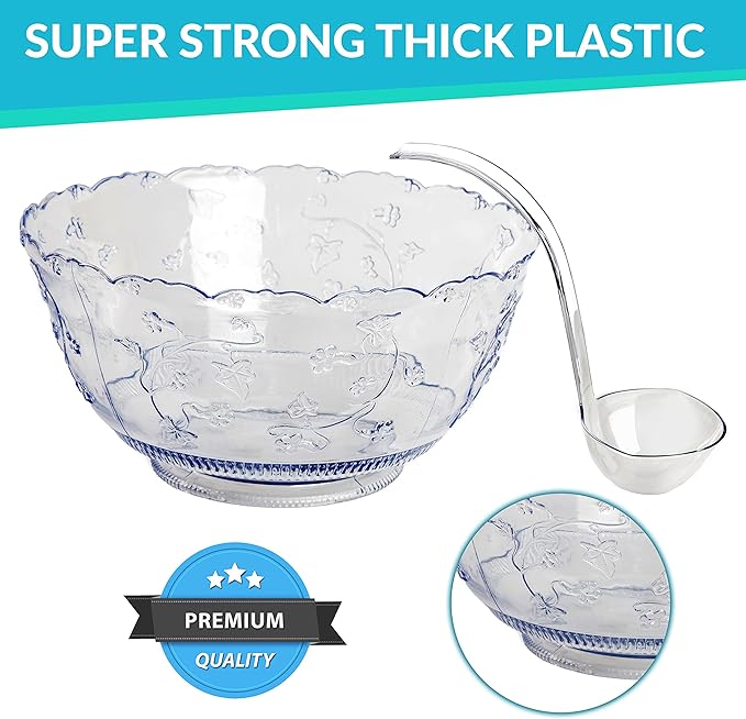 Premium Quality Plastic Punch Bowl With Ladle - Large 2 Gallon Bowl With 5 oz Ladle by Upper Midland Products
