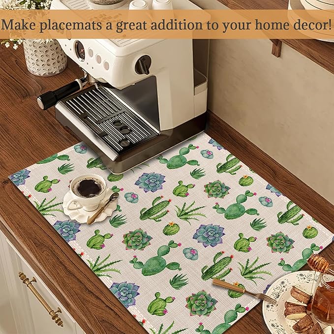 Cactus and Succulent Watercolor Placemats Set of 6 Washable Table Mats for Kitchen Dining Table,Heat-Resistant Place Mats for Indoor Outdoor Party Holiday Decoration