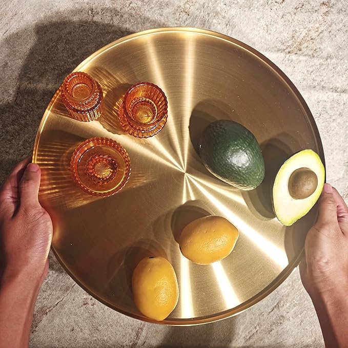 I-LAN Light Gold Metal Decorative Vanity Tray,Bathroom Round Mirror Finish Golden Serving Tray Platter,Brass Circle Table Tray Accent Dresser Perfume Bottle Storage Tray for Display,14"X0.4"