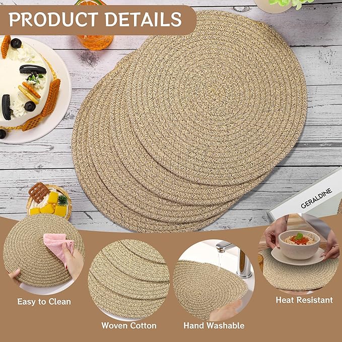 Kochorie Set of 4 Round Woven Cotton Placemats, 13 Inch Boho Table Mats for Kitchen and Dining Table, Farmhouse Heat Resistant Washable Trivets, Fall Thanksgiving Christmas Décor (Brown)