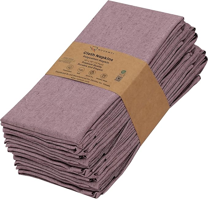 Ruvanti Cloth Napkins Set of 12, 18x18 Reusable Napkins Cloth Washable, Soft & Durable Table Napkin, Poly Cotton Fabric Dinner Napkins for Parties, Christmas, Thanksgiving, Weddings - Burgundy