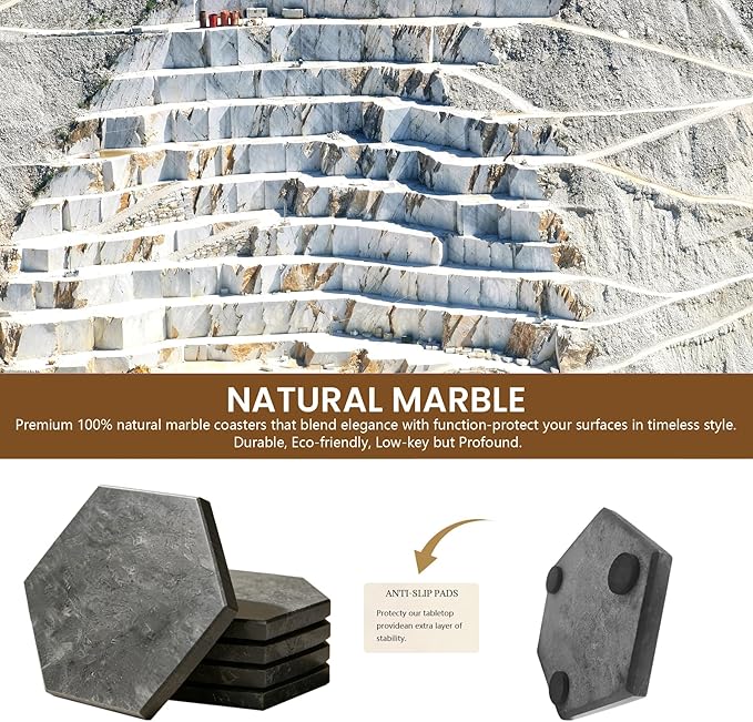 Natural Marble Coasters, Hexagonal Costers, Luxury Aesthetic Modern Decor for Coffee Table Bar Kitchen Home, Grey Marble, Real Natural Semi Absorbent Stone Coasters