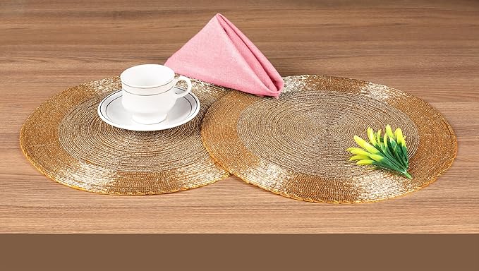 Lightnpro Handmade Beaded Placemats Set of 4 - Round Charger Mats - Farmhouse Style Table Decor for Dining, Wedding, Holiday, and Special Occasions - Elegant Glitz Table Setting - 13 Inch Gold