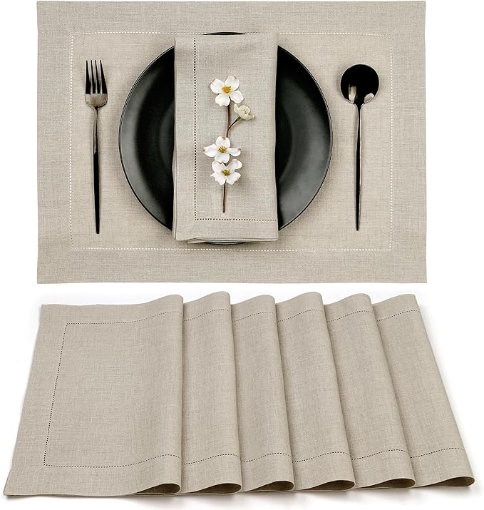 D'Moksha Homes Linen Placemats Set of 6 - Classic Hemstitch Natural Placemats 14 x 19 Inch - 100% Pure Linen Table Mats for Valentines, Spring, Easter - Handcrafted and Machine Washable