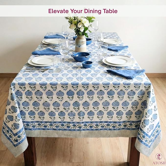 ATOSII Roma Blue 100% Cotton Rectangle Fall Tablecloth, Handblock Floral Print Linen Table Cloth for Kitchen Dining I Parties Outdoors Weddings Holidays I 72 X 140 Inches I 12 Seater