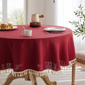 Linen Tablecloth with Tassels, Farmhouse Style Burgundy Tablecloth, Water Resistant Burlap Tablecloths for Round Table, 52 Inch Round Burgundy
