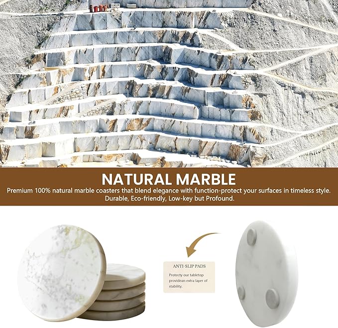Natural Marble Coasters, Round Costers, Luxury Aesthetic Modern Decor for Coffee Table Bar Kitchen Home, White Marble, Real Natural Semi Absorbent Stone Coasters