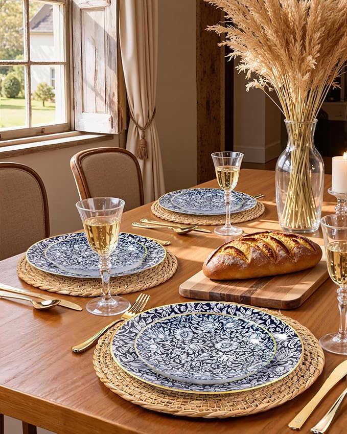 Hioasis 60pcs Plastic Disposable Plates Set - Blue & White Floral Pattern with Gold Rim, 10.25 Dinner & 7.5 Dessert Plates for Wedding,Anniversary,Party and Holiday