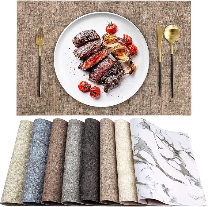 Leather Heat Resistant Placemats Set of 6 Waterproof Wipeable Washable PU Table Mats,Easy to Clean Anti-Slip Place Mats (Dark Brown, 6)