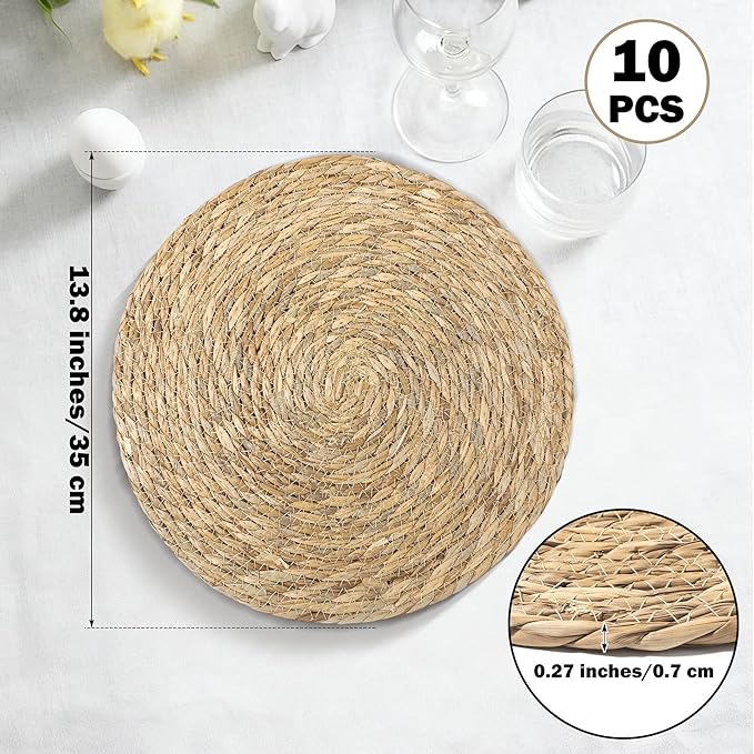 Elcoho 10 Pieces Round Woven Placemats 13.8 Inch Boho Rattan Placemats Farmhouse Braided Place Mats Woven Plate Chargers Rustic Wicker Table Mats for Dining Table