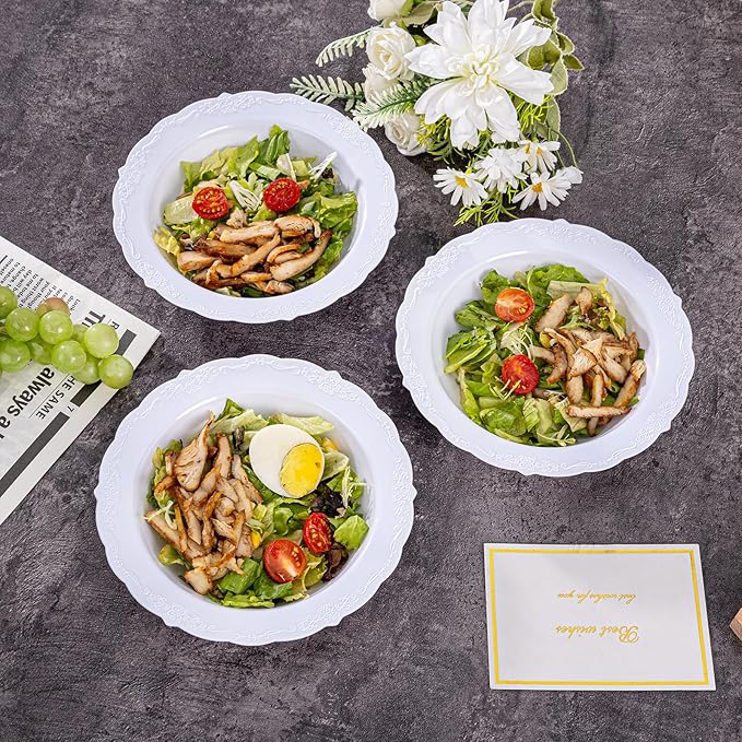 DaYammi 30 Pack White Plastic Bowls, 12oz Disposable Soup Bowls, White Soup bowls Disposable Heavy Duty Dinner Bowl for Weddings, Plastic Salad Bowl for Parties, Dinners, Catering and Everyday Use