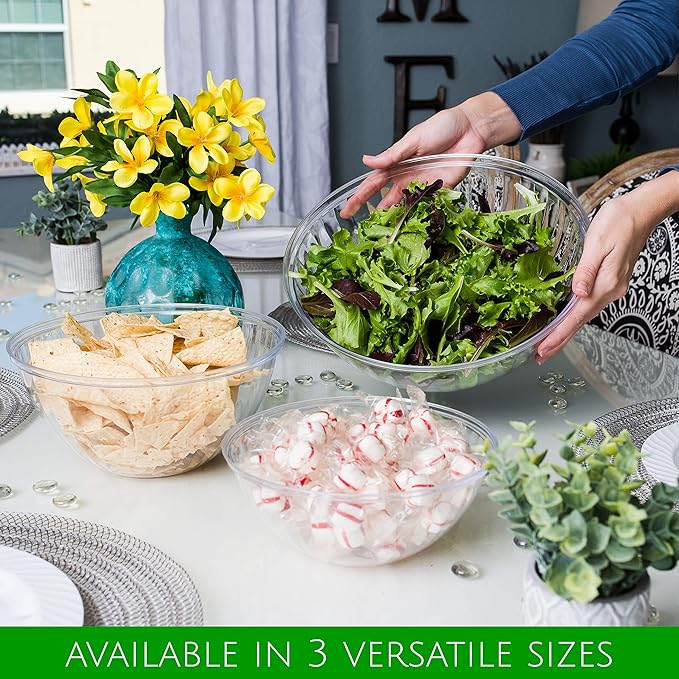 PLASTICPRO Disposable 150 Ounce Round Crystal Clear Plastic Snack & Salad Bowls - Chip Bowl, Candy Dish alternatives, Pack of 4