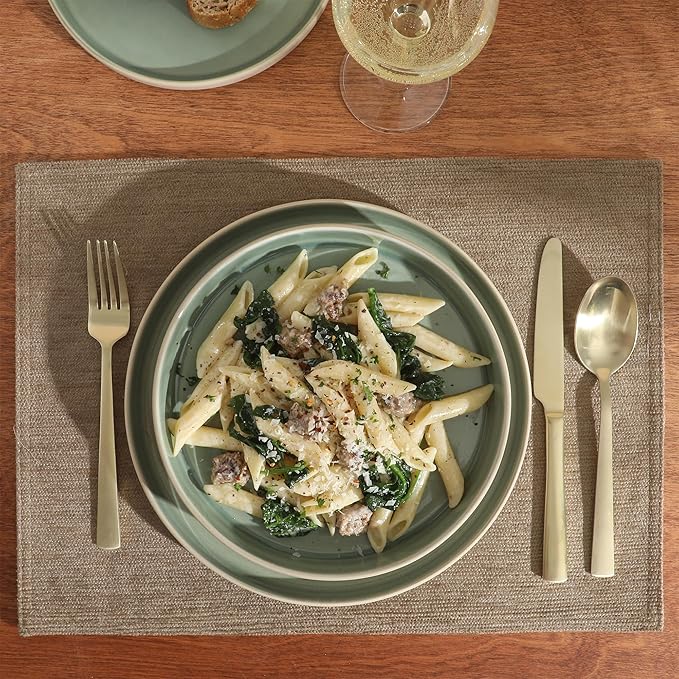 Gibson Elite Liberty Bay 16-Piece Pottery Clay Stoneware Dinnerware Set – Mint Green Reactive Glaze, Stackable Plates and Bowls W/Pasta Bowl, Service for 4 – Microwave & Dishwasher Safe