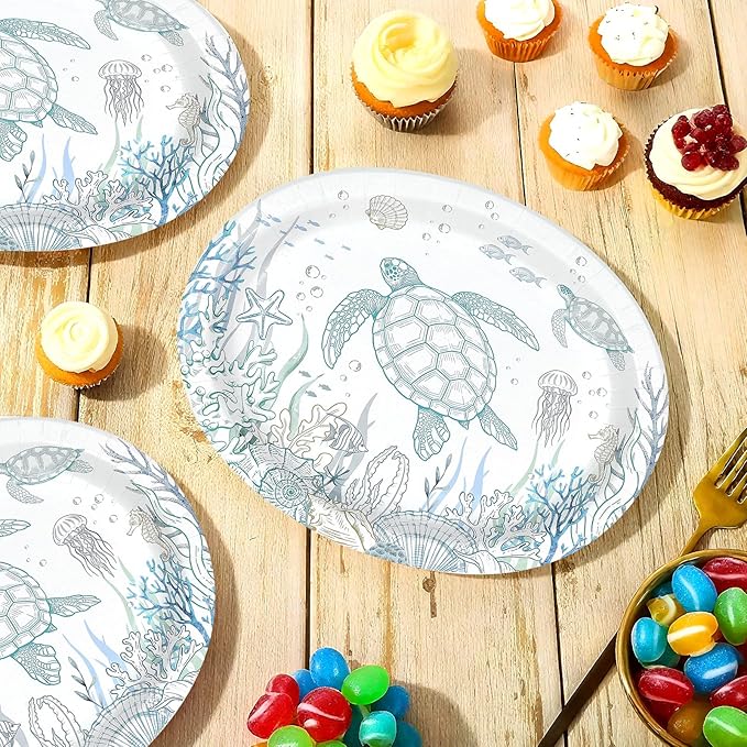 50 Pcs Coastal Turtle Oval Paper Plates 10" x 12" Large Heavy Duty Disposable Ocean Green Sea Turtles Plates Coral Starfish Platters for Coastal Summer Birthday Picnic Party Decorations