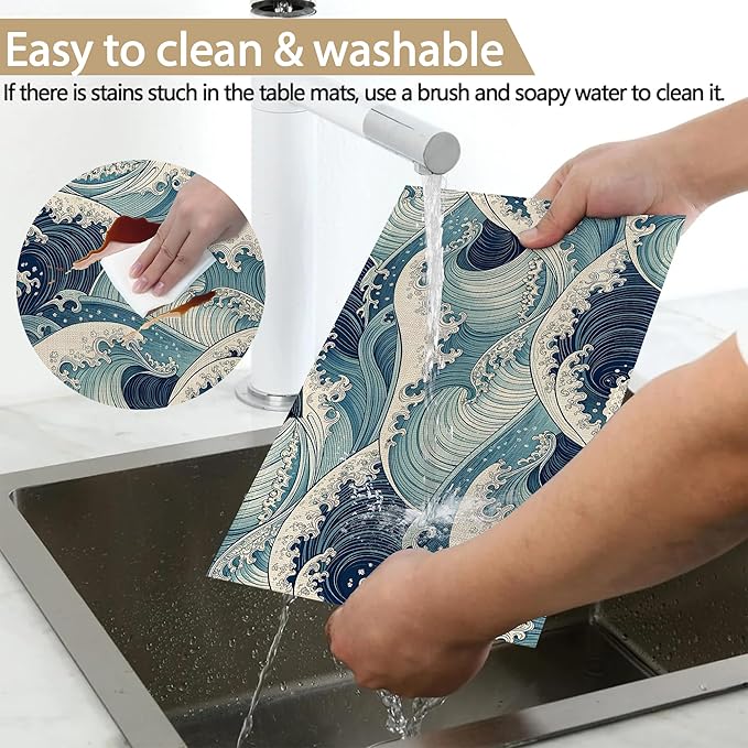 Table Placemats Set of 6, Waterproof Linen Fabric, Non-Slip Backing & Easy Clean, Elegant Dining Table Protectors for Family and Guests(Japanese Waves)