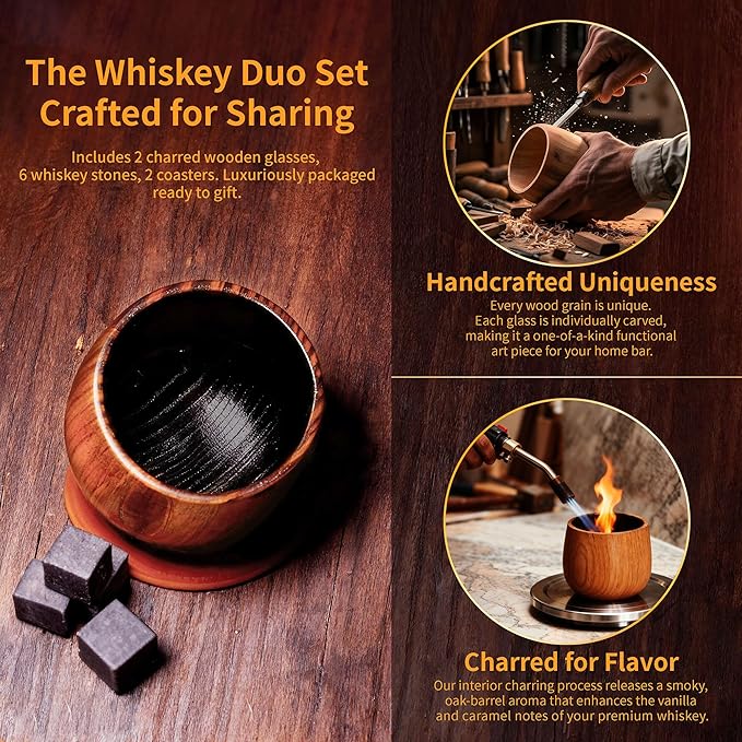 Charred Wooden Bourbon Drinking Glasses Set of 2 | 10oz Handcrafted Whiskey Tumblers with 6 Stones & 2 Leather Coasters | Complete Gift Set for Men, Dad, Groomsmen