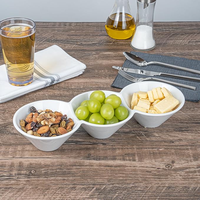 Restaurantware-13.4 x 4.9 x 2.3 Inch Triple Dip Bowls, 1 Microwavable Condiment Server - 3 Compartments, Microwavable, White Porcelain Dip Tray, Dishwashable, For Snacks, Condiments, Or Toppings