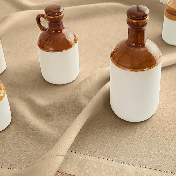 Solino Home Linen Beige Tablecloth 60 x 90 Inch - Classic Hemstitch, 100% Pure Linen Rectangular Tablecloth - Machine Washable Table Cloth for Spring, Easter