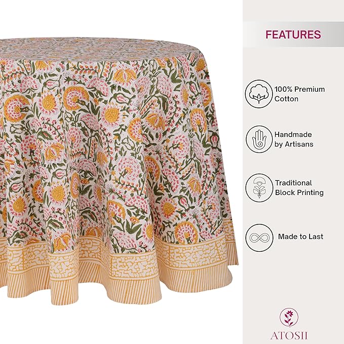 ATOSII Clover Yellow 100% Cotton Round Tablecloth, Handblock Print Floral Table Cloth for Kitchen Dining Linen I Parties, Weddings, Outdoors, Christmas, Thanksgiving I Fall Home Decor 60" Inches Round