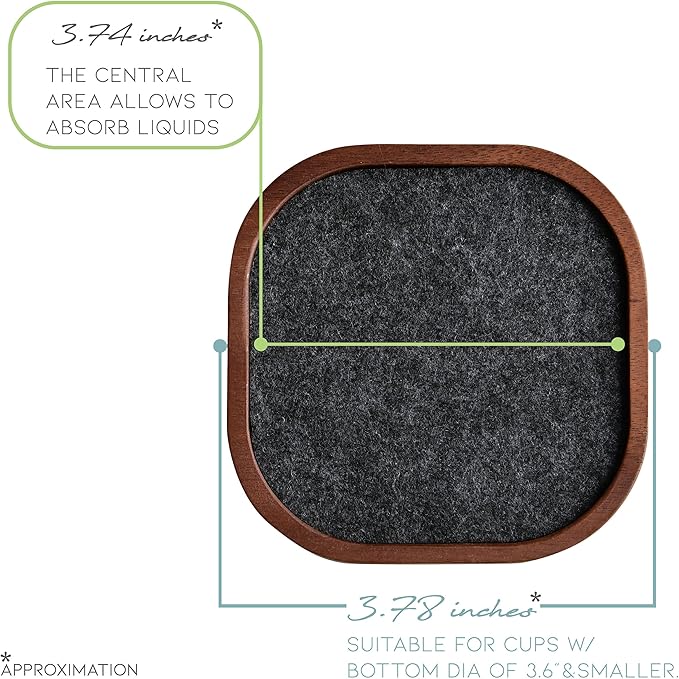 Wood Coaster for Drinks, Set of 6, Squircles Absorbent and Insulation Felt Stackable Cup Holders, Coasters for Wooden Table, Designed by S1EGAN
