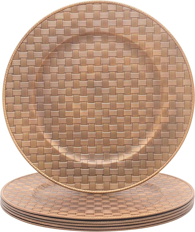 13 Inch Antique Gold Charger Plates Set of 6 Round Plastic Plates Matte Finish Faux Rattan Woven Texture Charger plates for Wedding Party Christmas (634)