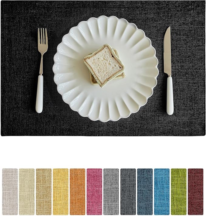 Softalker Faux Linen Placemats Set of 4-12 x 18 Inch, Heat Resistant Double Layered Durable Burlap Farmhouse Place Mats, Non-Slip Washable Rustic Table Mats for Dining, Kitchen, Party（Black
