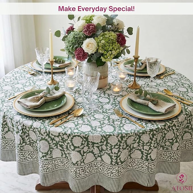 ATOSII Shalimar Green 100% Cotton Round Boho Fall Tablecloth, Handblock Floral Table Cloth Linen for Kitchen Dining I Parties Wedding Outdoors Christmas Thanksgiving I Fall Home Decor 60" Inches Round