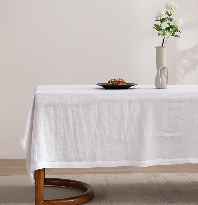 EVERLY Pure Linen Hemstitch Tablecloth,100% Stonewashed French Linen tablecloths for Kitchen Dining Rectangle Tables,60x132Inch Machine Washable Christmas Thanksgiving Organic Tablecloth-White
