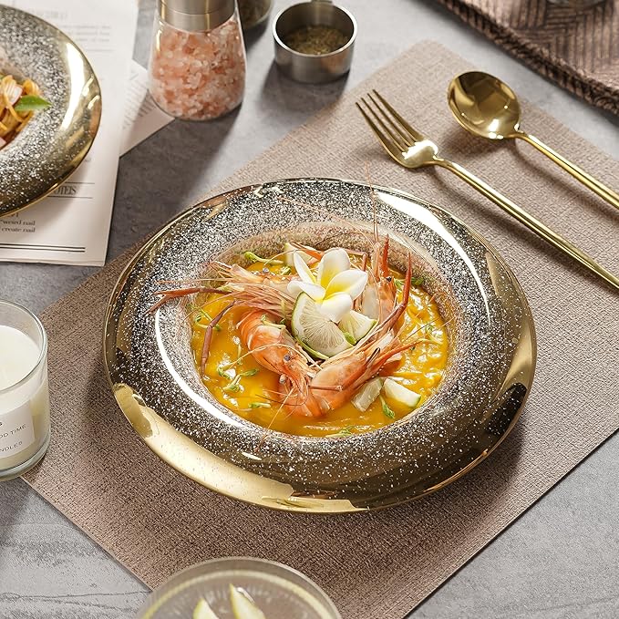 Ceramic Pasta Bowl Plates Set - Ballet Design with Gradient Gold Finish, Dinner Plates for Salad, Pasta & Sushi, Dishwasher Safe, Restaurant & Home Dinnerware