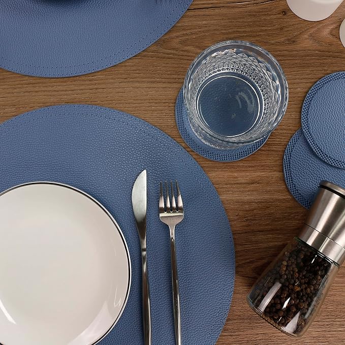 Jovono Set of 6 Faux Leather Round Placemats and Coasters, Coffee Mats Kitchen Table Mats, Waterproof, Easy to Clean for Kitchen Dining Round Table
