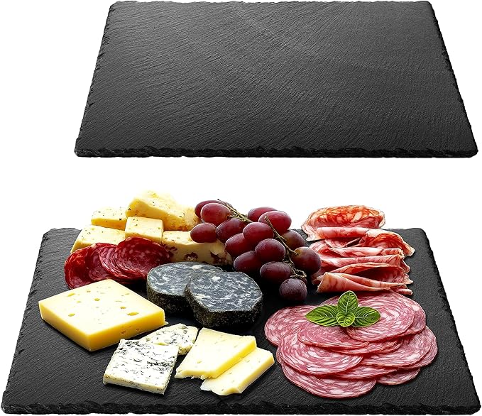 Navaris Slate Plates - Food Contact Safe Black Stone Plates - Cheese Platter Charcuterie Boards Serving Plate - Stone Slate Slab Cheese Board - Set of 2-15" x 11" (38 x 28 cm)