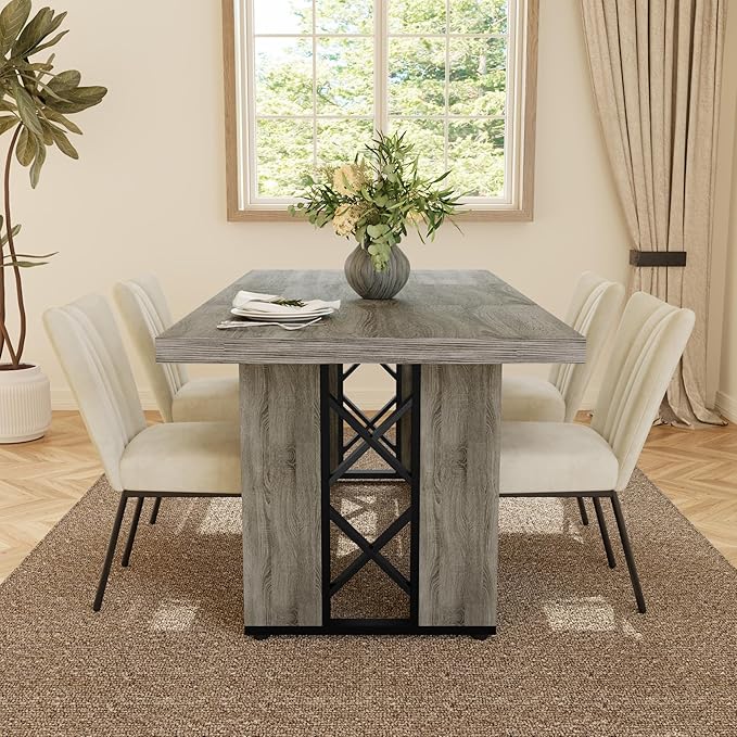 7-Piece Dining Table Set for 6 People, 70.8" MDF Kitchen Table with 6 Velvet Chairs, Space-Saving for Dining Room, Breakfast Nook(Grey Table+6 Beige Chairs)