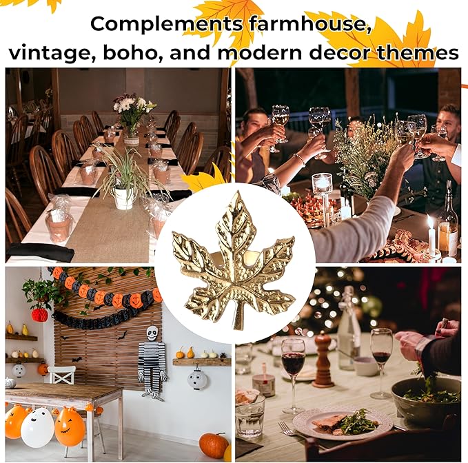 CLEENTABLEThanksgiving Napkin Rings Set-12 Pcs Fall Napkin Holders Metal Leafs Rings Holders Buckle Table Decor for Autumn Thanksgiving Halloween Wedding Home Party Supplies Antique Gold