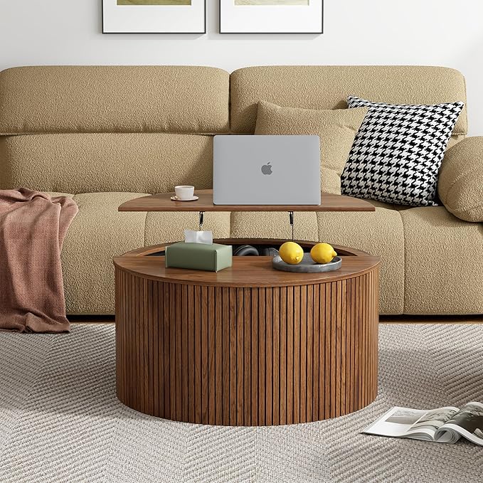 Mid Century Round Fluted Lift Top Coffee Table, Modern Center Table with Storage and Compartment, 2 Tier Small Circle Dining Table, for Living Room, Home Small Space, Walnut Oak-1