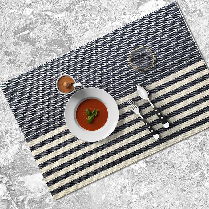 Placemats Set of 4 Vinyl Washable Navy Blue Placemats, 18"x12" Wipeable Heat-Resistant Non-Slip Easy Clean Table Mats Ideal for Dining Table Table Runner and Outdoor (4, Dark Blue Stripe)