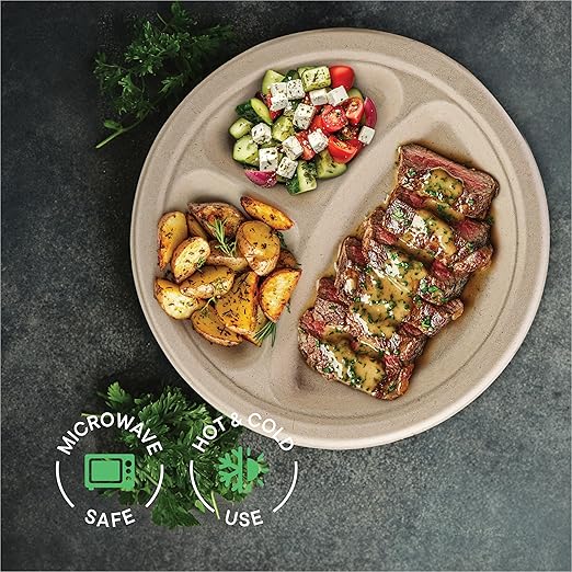 100% Compostable Paper Plates 10 Inch Bulk [500 Count] Heavy-Duty Dinner Plates with Compartments - Natural Brown Color Bagasse - Eco-Friendly Disposable Biodegradable Sugarcane - [Case 4/125 Pack]