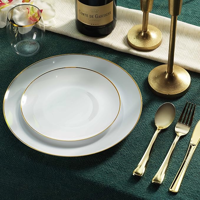 Munfix 100 Gold Plastic Plates Set, 10.25 Inch Disposable Dinner Plates, Elegant Fancy Heavy Duty for Party, Wedding, White with Gold Rim