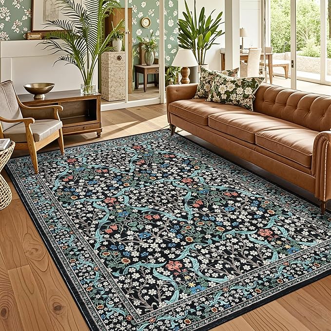 GarveeHome 8x10 Area Rugs, Washable Rugs for Living Room Non Slip Stain Resistant Ultra Soft Floral Rug, Boho Carpet Floor Mat for Bedroom Dining Room Nursery Playroom Office, Black