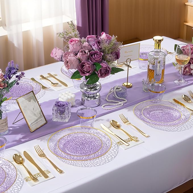 DaYammi 100 Pcs Purple Gold Plastic Plates - 10 inch Clear Purple Gold Dinner Plates - Hammer Pattern Design - Fancy Disposable Plate - Heavy Duty Party Plate Ideal for Wedding