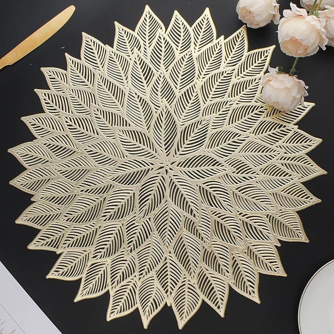Placemats Set of 4, Round Hollow Out Flowers Place Mats for Dining Table Pressed Vinyl Blooming Leaf Table Mats for Holiday Party Wedding Accent Centerpiece Dinner Table Decoration (Gold)