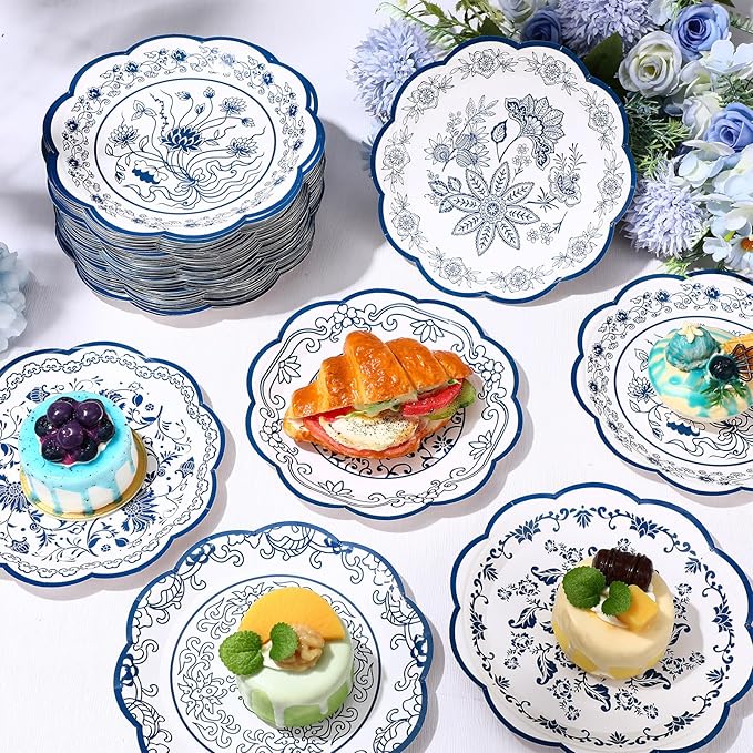 Umigy 120 Pcs 7 Inch Blue and White Floral Disposable Plates Blue Chinoiserie Floral Dessert Paper Plates for Wedding Bridal Shower Party Supplies