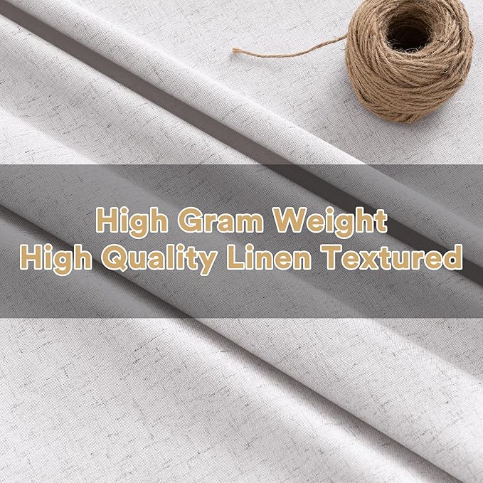 PrinceDeco Natural Linen Curtains 100% Blackout Curtains for Living Room 96 Inch Long,Heat & Light Blocking Curtains for Kids Bedroom Thermal Insulated Window Drapes 2 Panels Set - Heathered White