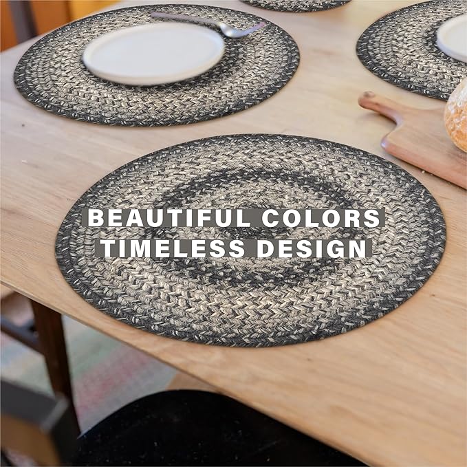 Homespice Flint Hill Round Braided Placemats, Warm Primitive Decor, Set of 2, 15", Grey Jute Table Mats - Vibrant Colors, Durable, Easy to Clean and Protects Furniture