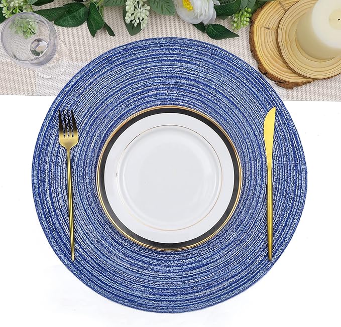 SHACOS Round Braided Placemats 15 inch Set of 4 Washable Cotton Polyester Braided Kitchen Table Placemats for Home Wedding Party (Blue White, 4)