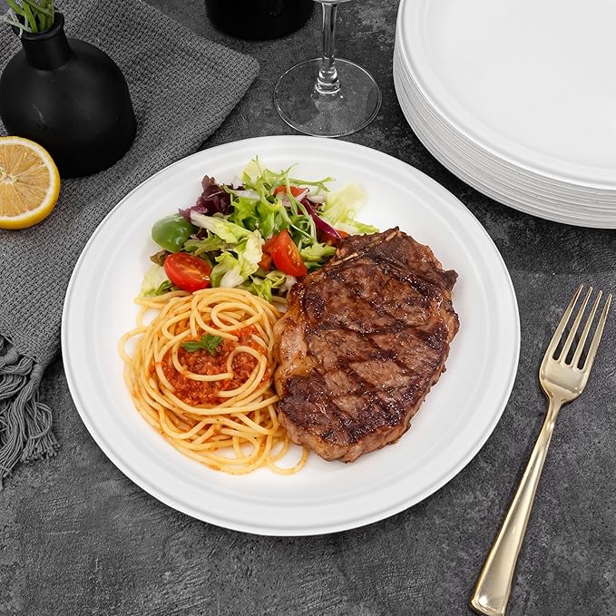 DaYammi 100% Compostable Paper Plates 10 Inch, 125-Pack Heavy Duty Paper Plates Bulk,Biodegradable Bagasse,Eco-Friendly Disposable Dinner Plate for BBQ,Picnic,Party (BPI Certified,Microwaveable)
