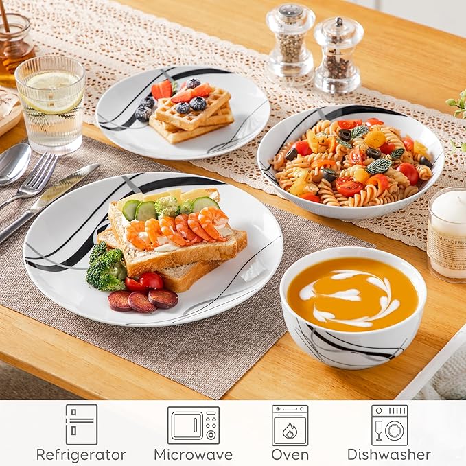 VEWEET Porcelain Dinnerware Sets for 6, 24 Pieces Plates and Bowls Set with Black and Grey Ribbon Lines, Dishes Set Dining Ware for Dinner, Microwave and Dishwasher Safe, Series FIONA