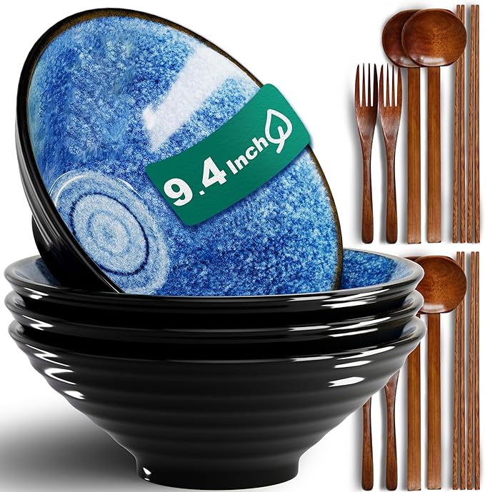 9.4-Inch 4 Sets Ceramic Ramen Bowl (16 Piece) - Japanese Porcelain Dishwasher Microwave Safe Salad Noodles Cereal Pasta Soup Large Bowls with Chopsticks Forks Spoons for Men Women Housewarming Gift